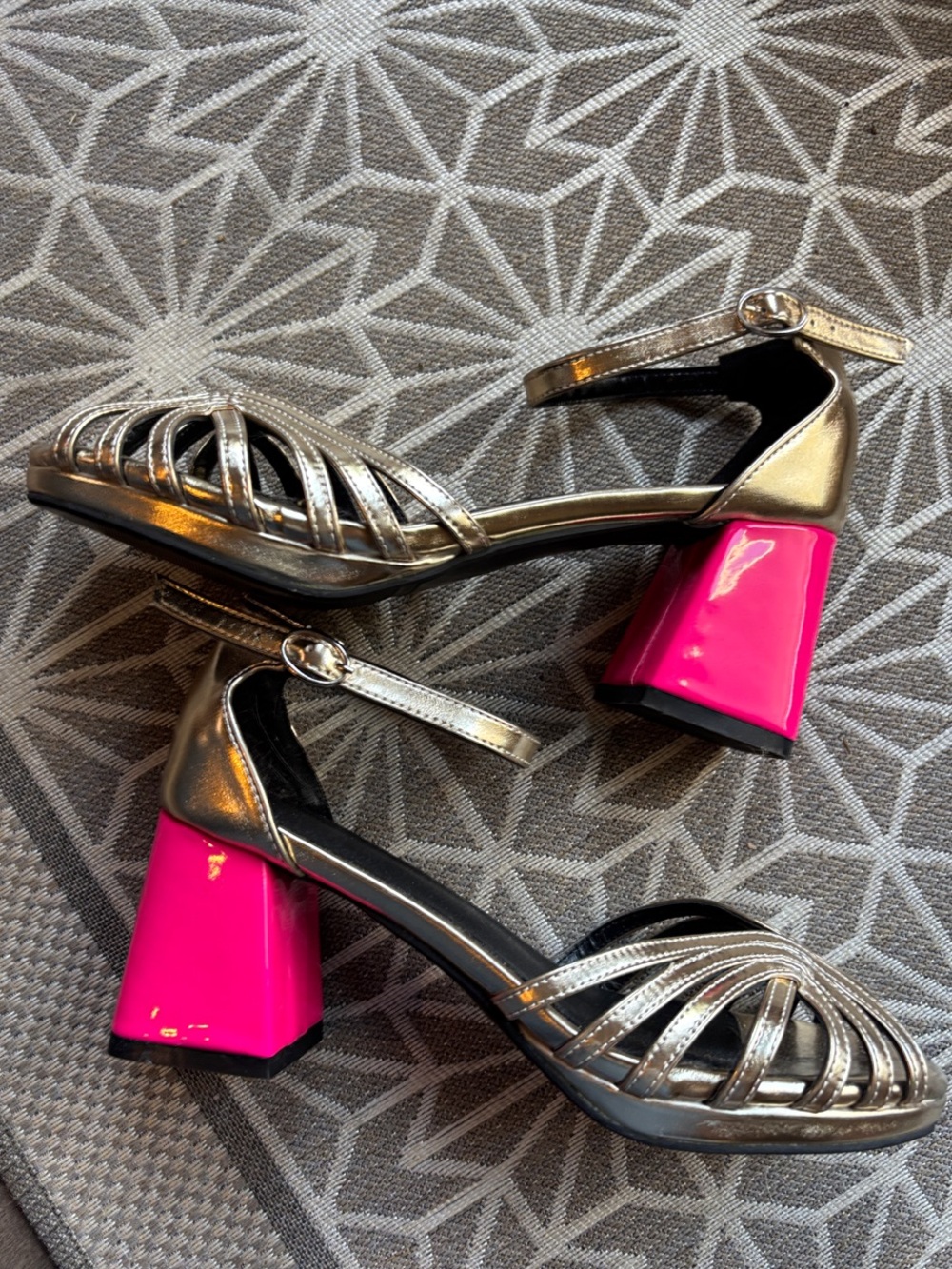 Metallic Silver Strappy Heels with Pink Block Heel